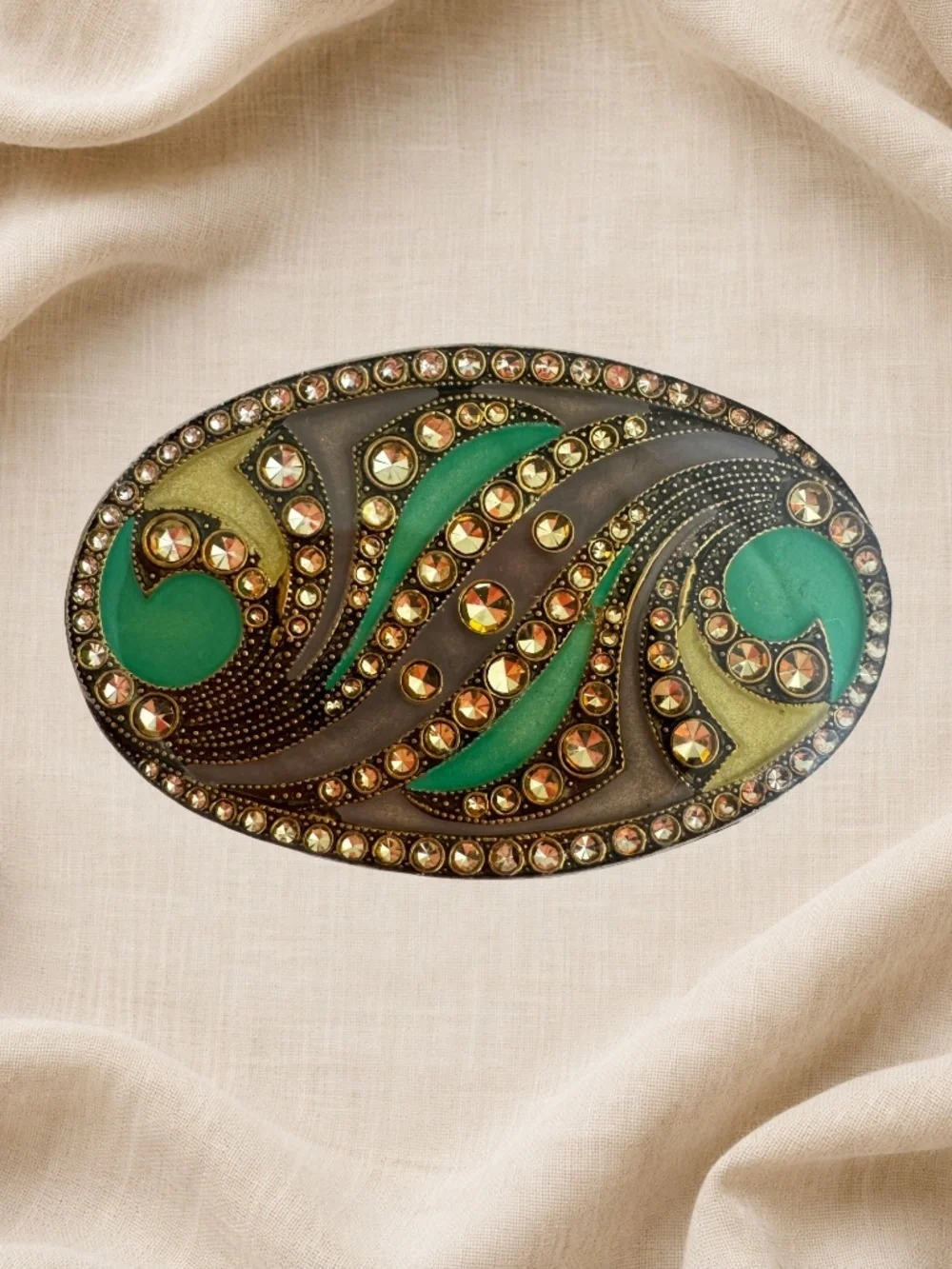 Vintage Art Nouveau Style Brooch Green Enamel Rhinestone Oval Gold Tone Pin Gift